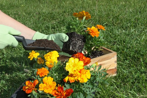 Local garden construction team preparing a site for planting and edging